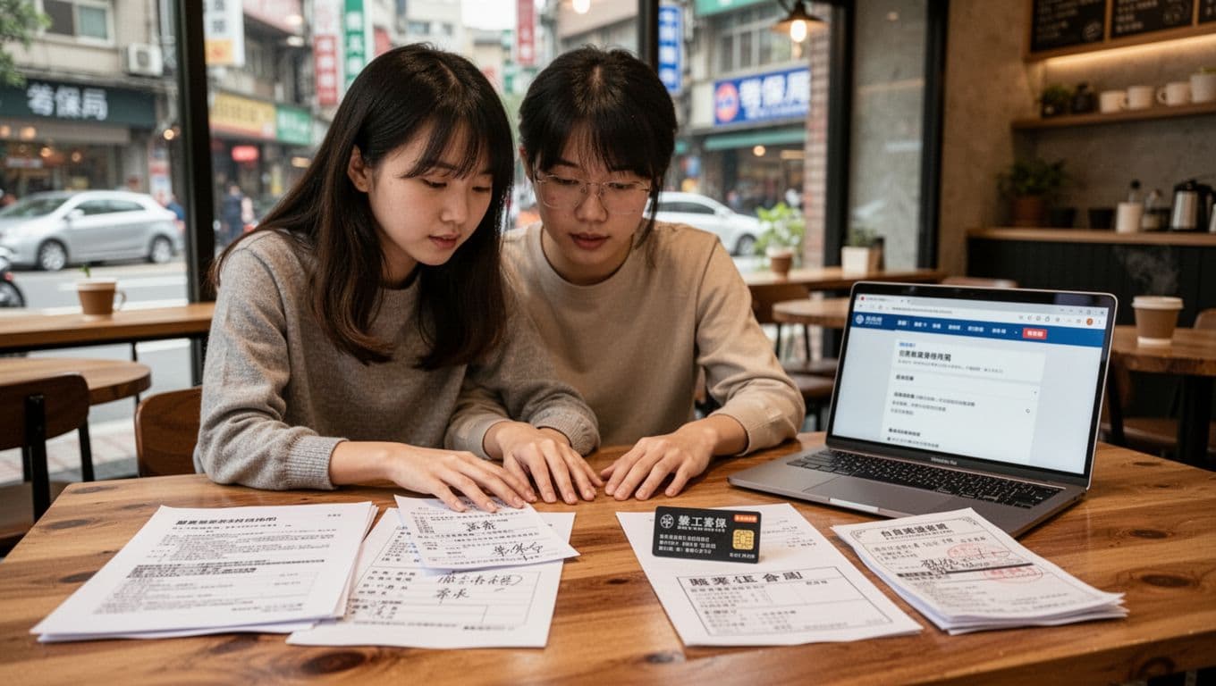 家教老師勞保投保指南:有雇主與無雇主差別 A young Taiwanese tutor sits at a wooden table in a Taipei cafe, focused on comparing employer-provided insurance documents on the left with self-paid union documents on the right, laptop displaying the insurance bureau website in the background.