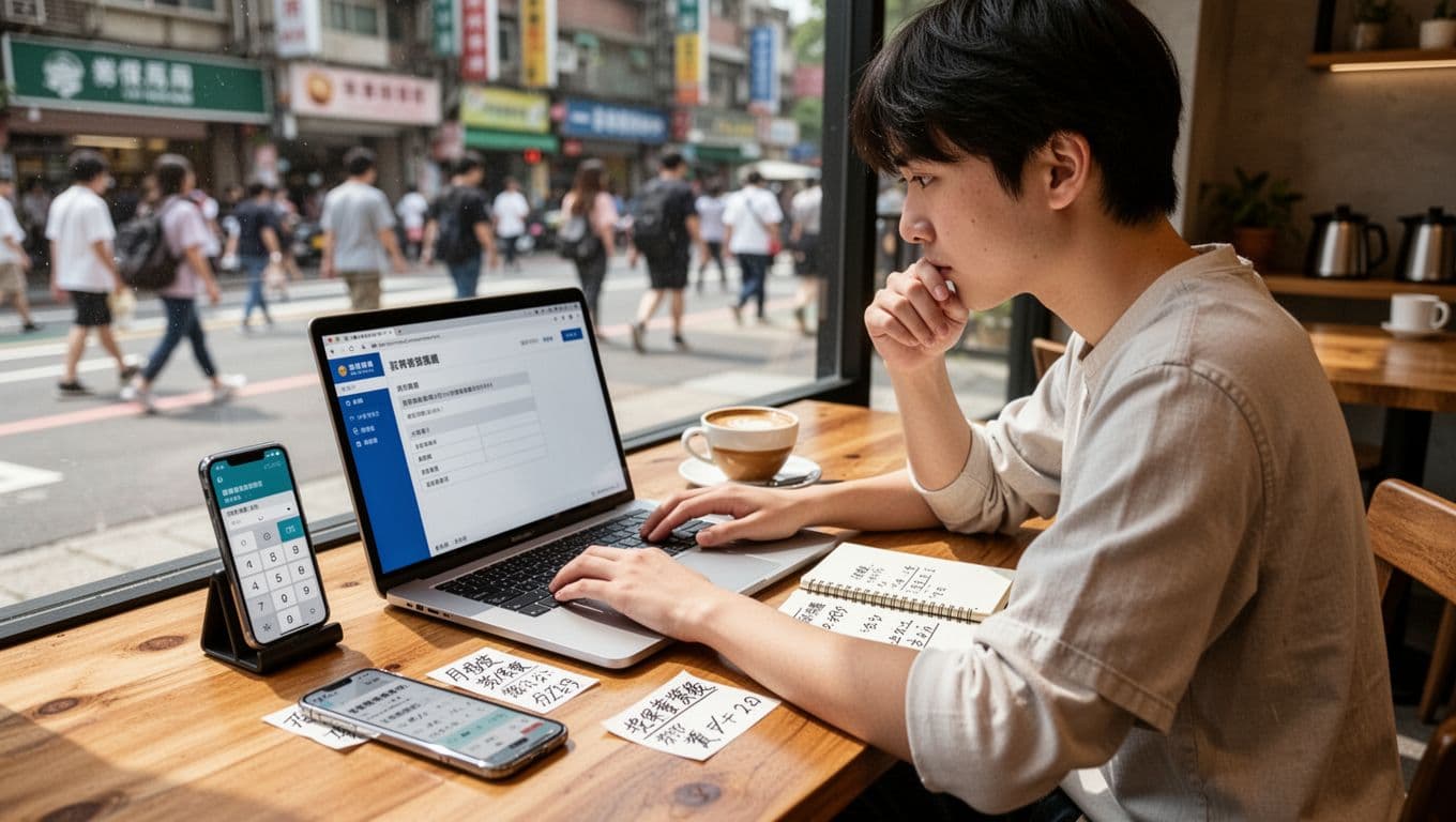 家教老師勞保投保指南:有雇主與無雇主差別 A focused young Taiwanese home tutor sits at a wooden table in a bright Taipei cafe, browsing the Labor Insurance Bureau website on her laptop to calculate premiums, with a phone showing calculator and income notes nearby, coffee, and handwritten formulas on the table.