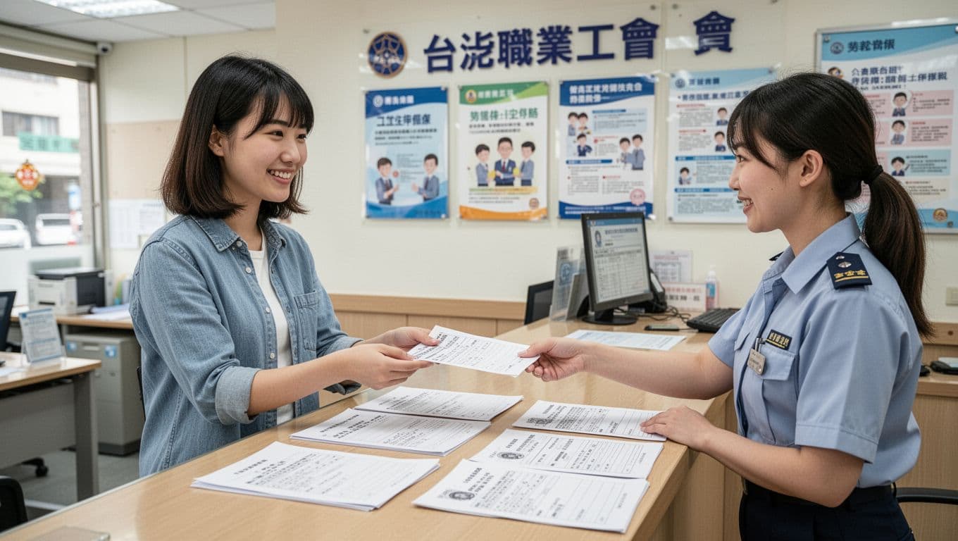 家教老師勞保投保指南:有雇主與無雇主差別 A young Taiwanese home tutor confidently hands a labor insurance enrollment form to a staff member at the Taipei Vocational Union counter, with neatly arranged documents like membership application, ID copy, payment receipt, and tutor contracts on the desk. The bright office features relevant posters on the walls, realistic style with natural light and warm atmosphere.