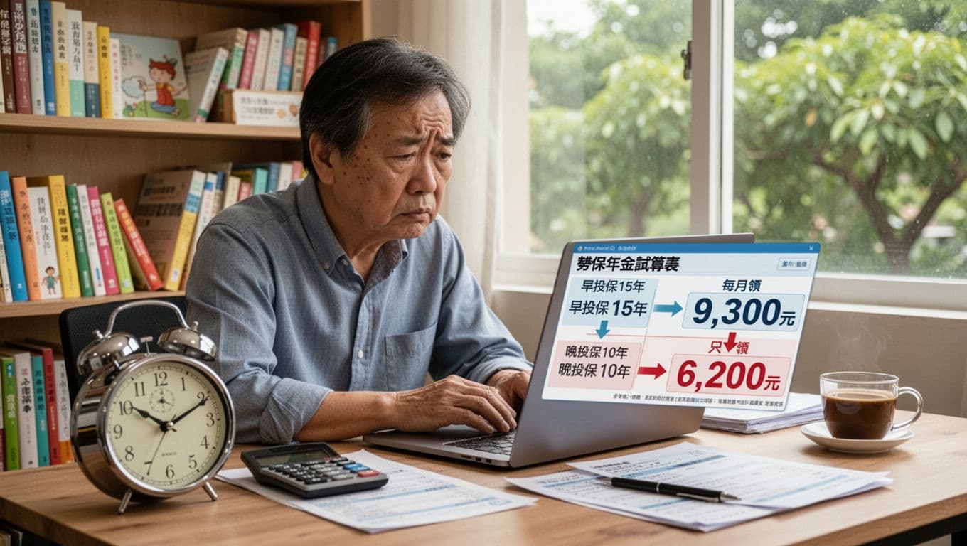 A middle-aged Taiwanese tutor sits at a bright desk, anxiously viewing a laptop screen showing a labor insurance pension comparison: 9,300 NTD monthly for 15 years early enrollment versus 6,200 NTD for 10 years late enrollment, surrounded by clock, calculator, documents, and coffee.