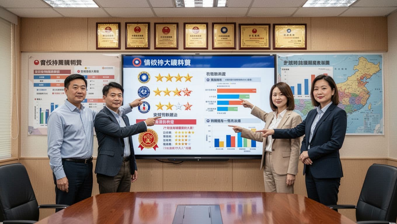如何選低風險工會加保?三大風險比較一次看 A professional four-member Taiwanese union management team (two men, two women in business casual) stands confidently in a bright conference room, pointing to a large wall-mounted evaluation board with star ratings, labor department seals, positive review charts, awards, and member satisfaction graphs, with a Taiwan map on the wall.