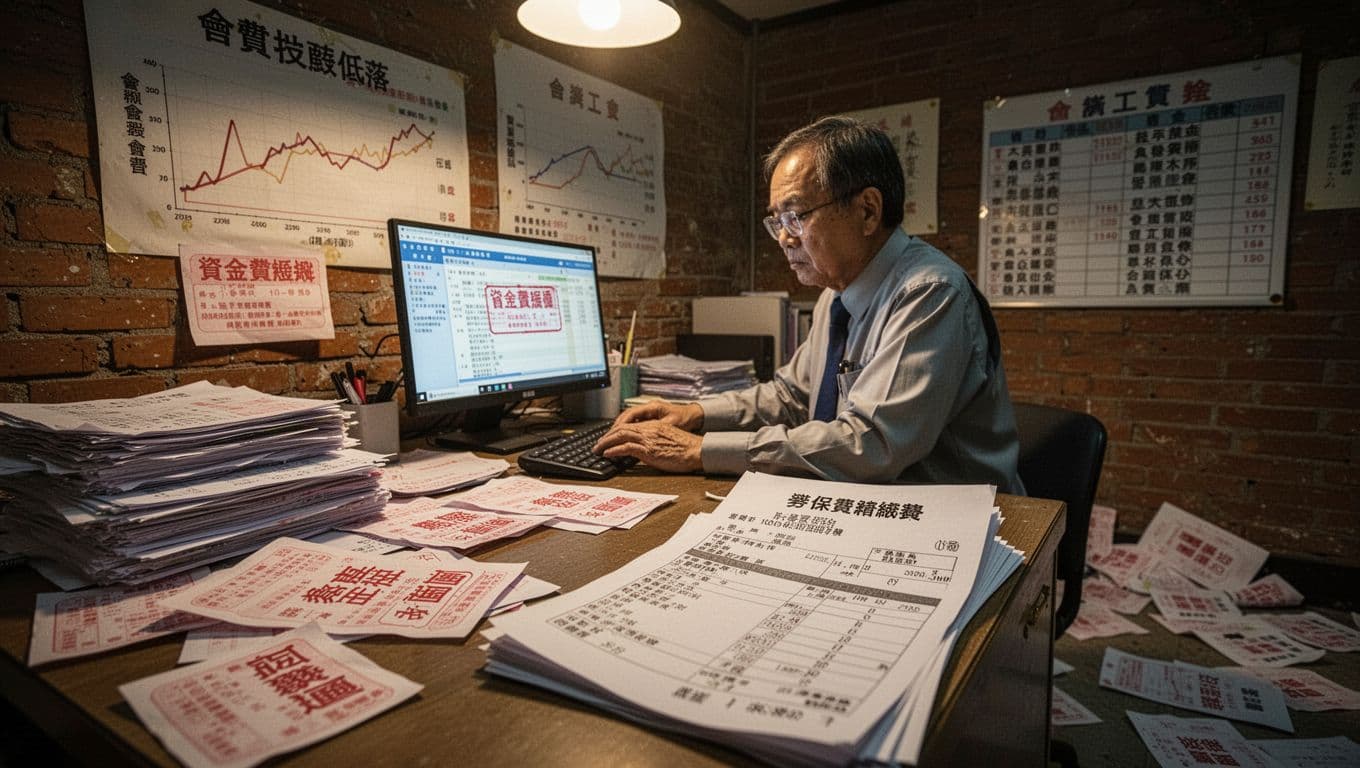 如何選低風險工會加保?三大風險比較一次看 Interior of a small Taiwanese union office cluttered with unpaid bills, overdue notices, and scattered member lists; a distressed middle-aged staffer frowns at a computer screen showing funding shortages under dim yellow lighting.