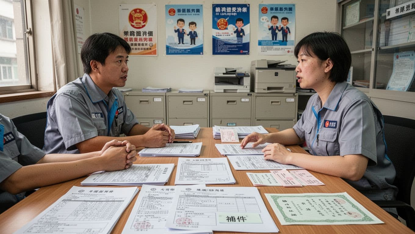 工會加保年資被取消,還能救回來嗎?一般處理方向 A Taiwanese worker and one staff member discuss documents including proof supplements, insurance correction forms, and membership receipts across a desk in a clean Taipei union office. The realistic photo captures a warm professional mood with natural daylight, simple background of posters and cabinets, exactly two people with relaxed poses, high detail on papers.