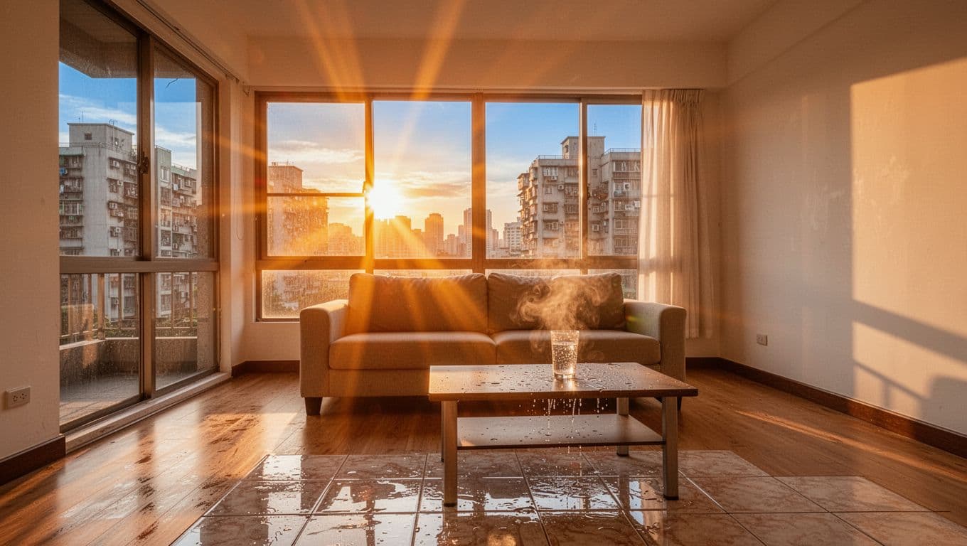 西曬隔熱,窗簾加內襯值得嗎?預算評估全指南 Photorealistic image of a bright, empty Taiwanese urban apartment living room facing west, overwhelmed by intense orange-yellow sunlight beaming through floor-to-ceiling windows in late afternoon summer, creating harsh glare and heat waves.
