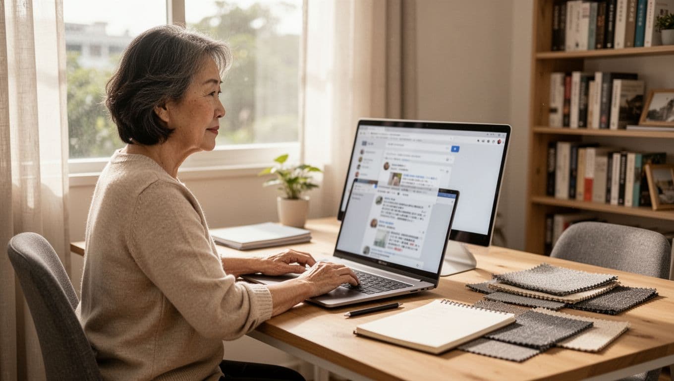 A middle-aged Taiwanese woman sits at a bright home study desk, browsing curtain manufacturer websites and social discussions on her laptop, with fabric samples and a notebook on the table, natural sunlight from the window.