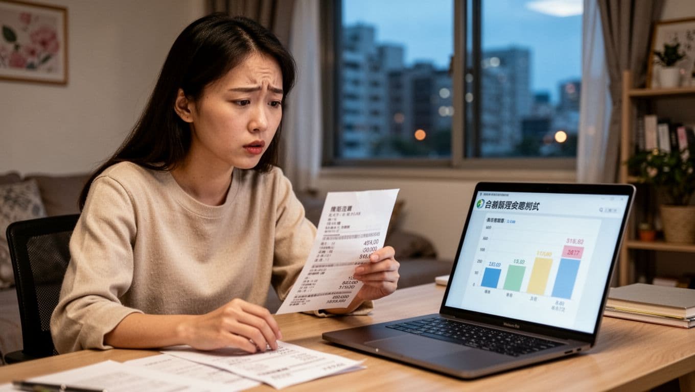 A young Taiwanese female office worker sits at her home desk, comparing a printed pay slip showing high salary with a laptop displaying low labor insurance tier. Her concerned expression highlights the salary discrepancy in a cozy apartment setting.