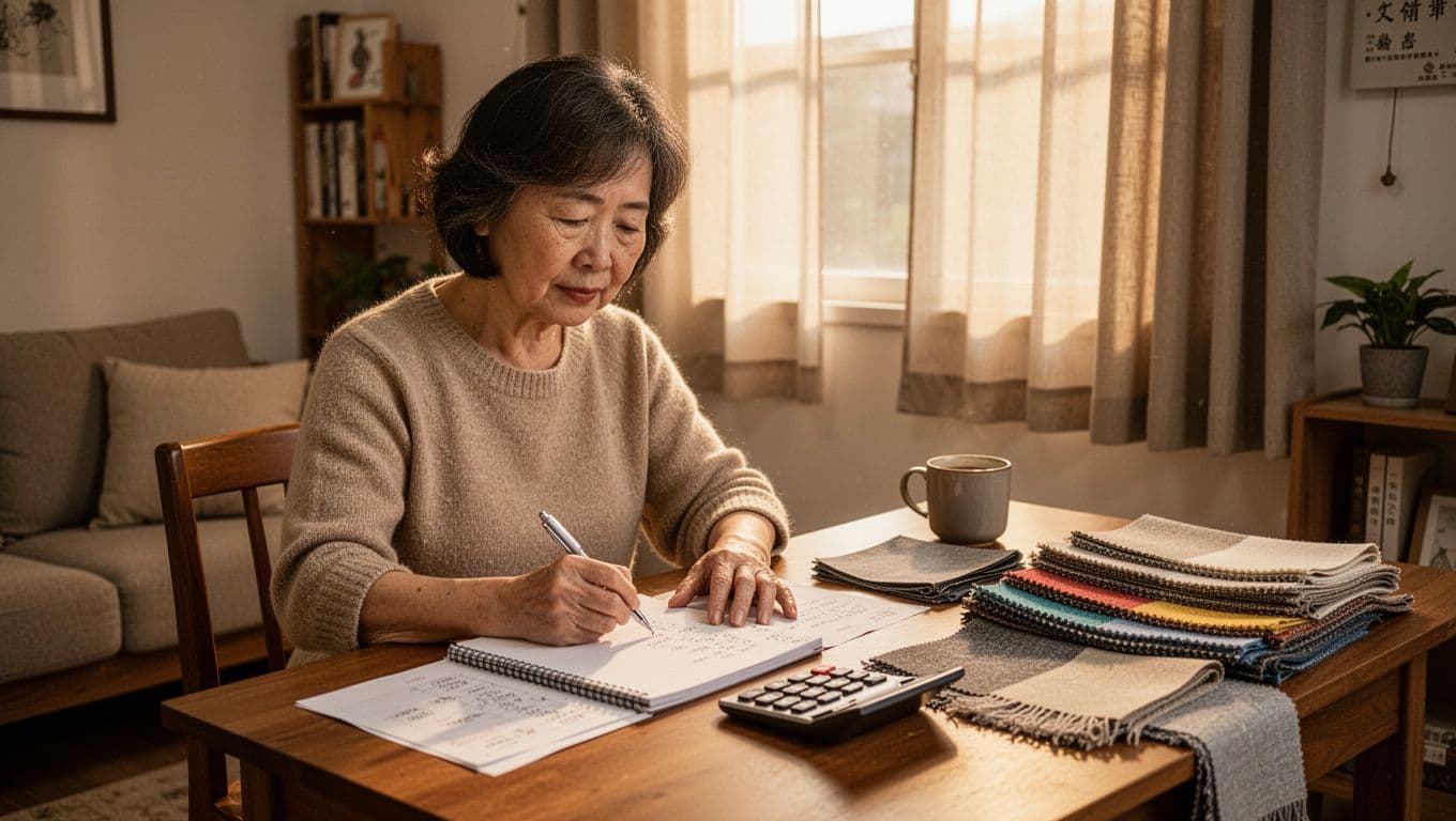 窗簾抗菌防霉布料加價多少?有必要升級嗎 In a cozy Taiwanese living room bathed in warm afternoon sunlight, a middle-aged woman sits at a wooden desk, jotting notes on a notepad with a calculator while examining curtain fabric samples nearby.