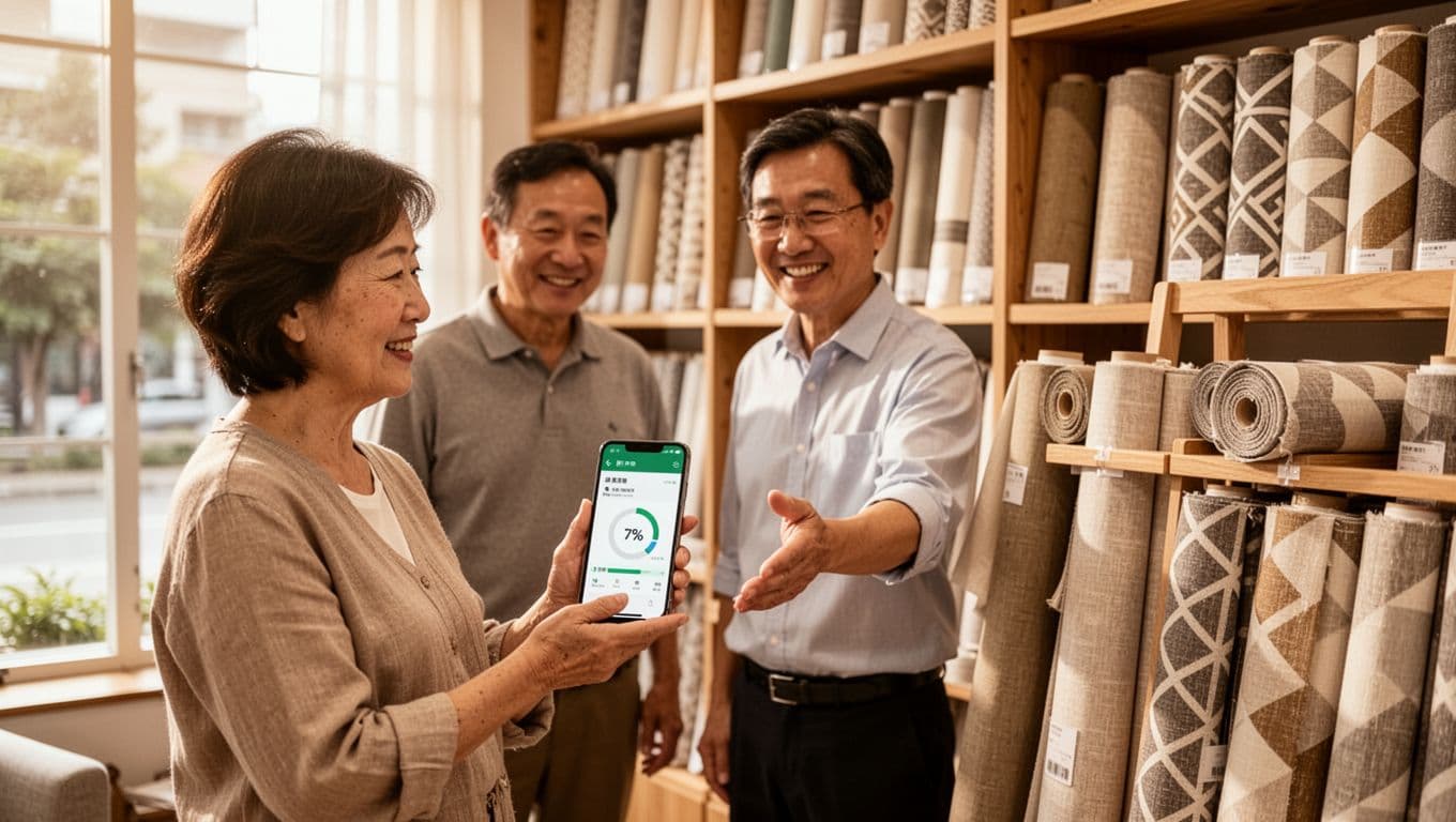 A middle-aged Taiwanese woman holds her smartphone to view order tracking and restocking progress in a bright fabric store, with a smiling male clerk gesturing to earth-tone curtain fabric nearby. Wooden shelves display various curtain fabrics under warm natural daylight.