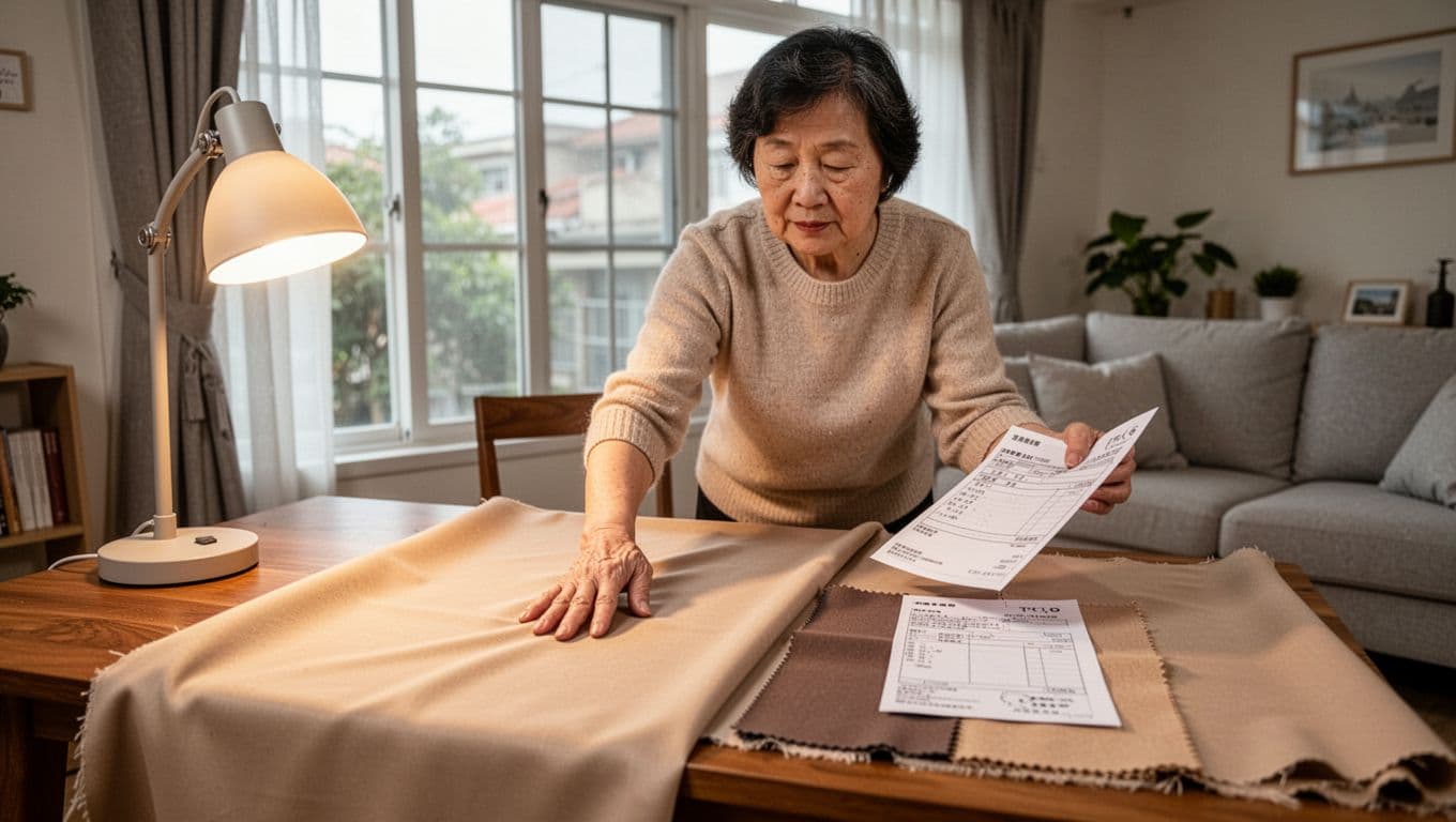 訂製窗簾報價要不要含到貨檢查?品質確認全指南 A middle-aged Taiwanese woman in a bright living room spreads beige thick curtain fabric on a wooden table, gently touching it with her right hand to check texture and color uniformity while comparing with a sample in her left hand, under warm lamp and natural window light.
