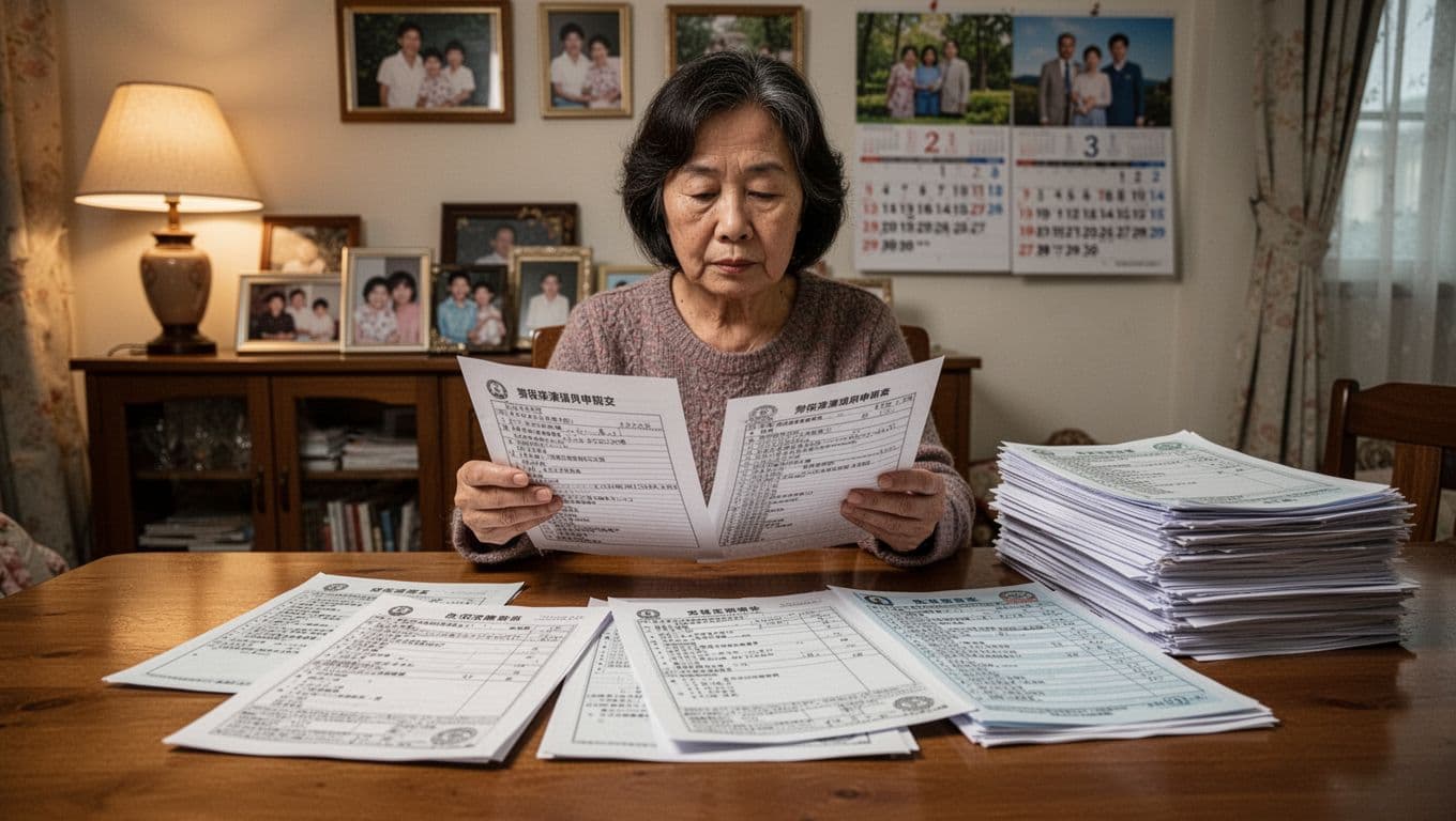 A middle-aged Taiwanese woman sits alone at a wooden home table, intently reviewing labor insurance funeral allowance documents represented with abstract lines, including death certificate, household register, ID copy, relationship proof, and salary data. Warm lighting, family photos, and calendar in the background emphasize the realistic scene with depth of field on foreground documents.