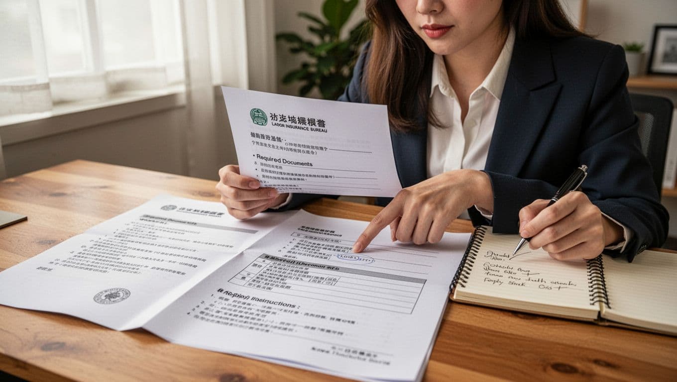 勞保局查核來信長什麼樣?收到後怎麼做完整指南 A realistic close-up of a young Taiwanese professional woman at a wooden desk, carefully reading an opened Labor Insurance Bureau notification letter while jotting notes.