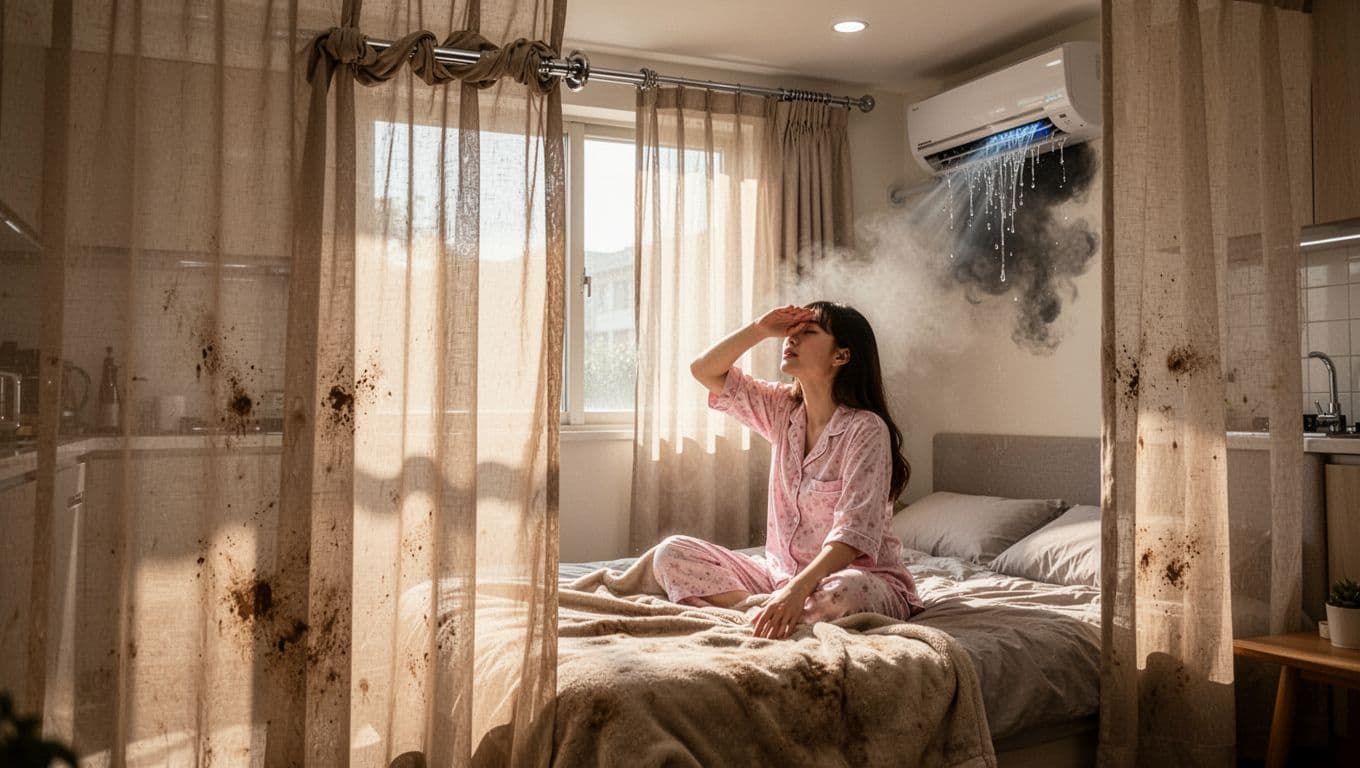 A realistic photorealistic scene of a modern Taiwanese living room on a summer morning, where bright sunlight leaks through thin beige curtains onto the bed. A single young woman in pajamas sits up, shielding her eyes with one hand while the other rests on the blanket, with a running air conditioner showing condensation and a hazy kitchen in the background.