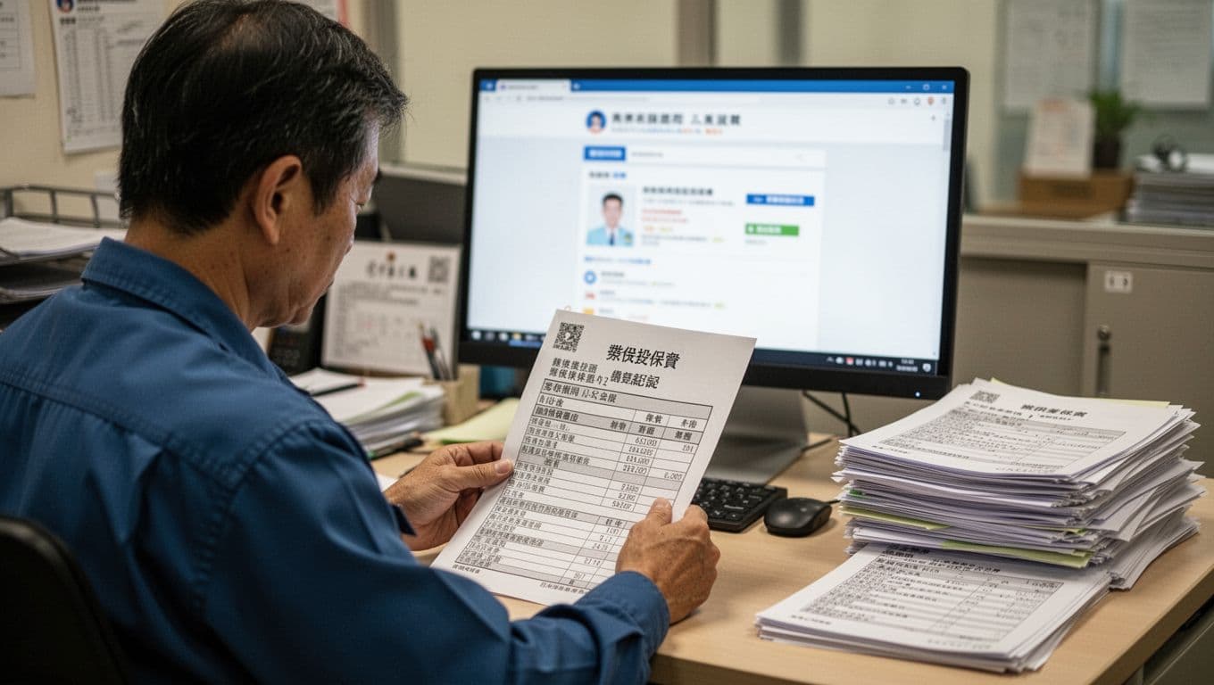 工會加保客服說法與法規不一致怎麼辦?3步確認法 A Taiwanese worker sits at an office desk carefully reviewing printed labor insurance enrollment data and payment records, checking insured unit, salary brackets, enrollment dates, delinquency status, and duplicate insurance risks, with a blurred Labor Insurance Bureau website on the computer screen and neatly stacked documents.