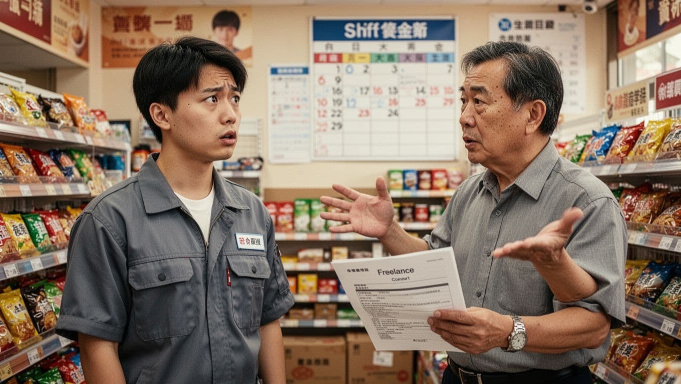 A young Taiwanese male part-time worker in casual clothes stands puzzled in a busy convenience store as his middle-aged boss gestures dismissively while holding a freelance contract.