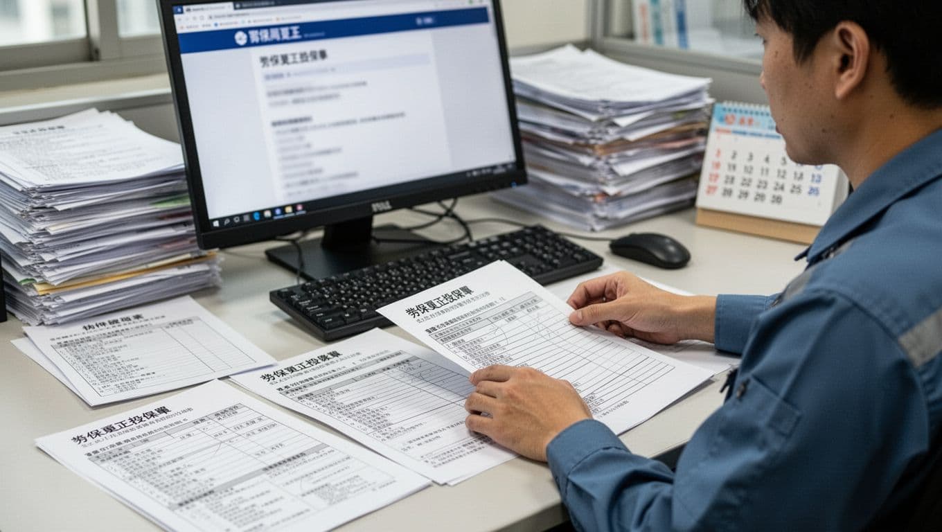 工會加保客服說法與法規不一致怎麼辦?3步確認法 A Taiwanese laborer sits at an office desk, checking and filling out labor insurance correction forms, salary adjustment tables, and premium payment applications. Foreground features insurance data, salary proofs, and submission documents, with a blurred computer screen showing the Labor Insurance Bureau page and background stacked files and calendar, in realistic photography style with bright natural light.