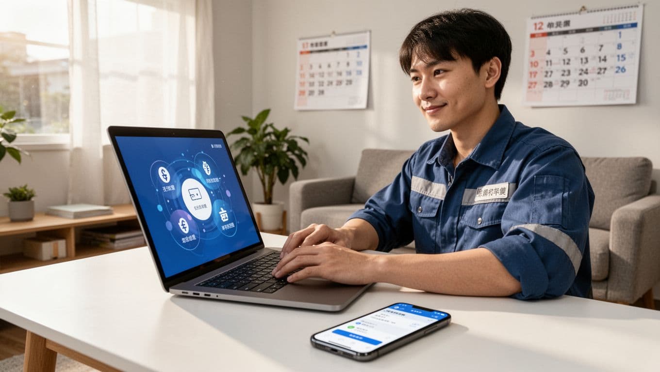 工會加保最怕的3件事:雙邊加保、欠費、資料不一致 A confident Taiwanese worker at a home desk sets up automatic bank debit for union labor insurance premiums on an angled laptop screen with abstract icons, relaxed hands on keyboard, phone with banking app in foreground, neat living room background.