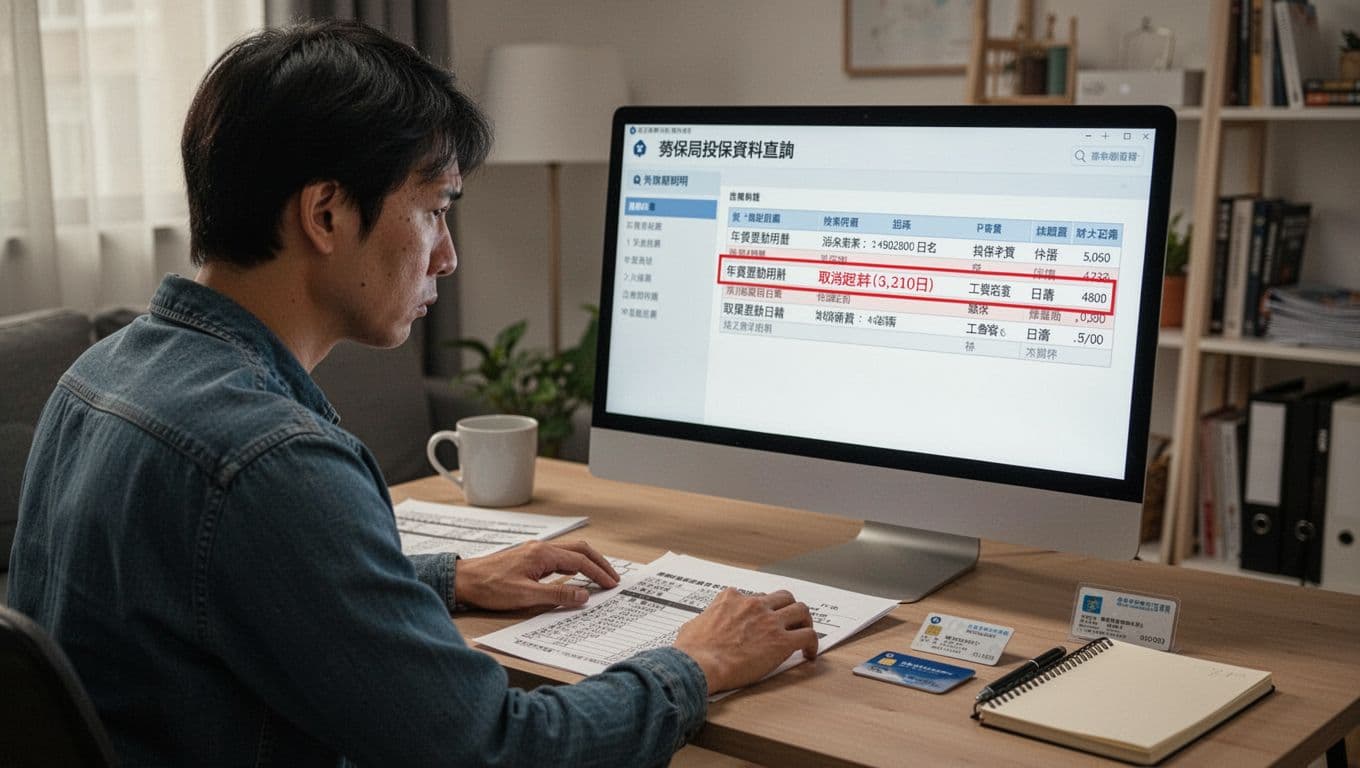工會加保年資被取消,還能救回來嗎?一般處理方向 A Taiwanese office worker at a home desk intently views a computer screen showing the Labor Insurance Bureau's insured data query page with abstract highlighted seniority changes, cancellation dates, salary, and union details. The realistic scene features natural lighting, a worried expression, printed documents, health card, notebook, and simple Taipei apartment background.