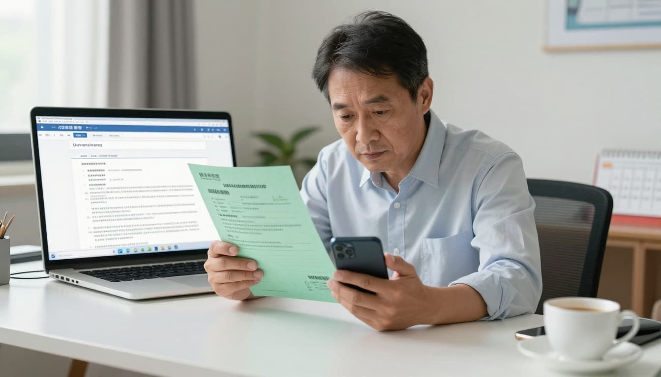 勞保局查核來信長什麼樣?收到後怎麼做完整指南 A middle-aged Taiwanese office worker sits calmly at a home desk, holding an opened green Labor Insurance Bureau letter in one hand and dialing a smartphone in the other, with the official website displaying letter formats on a laptop screen behind.