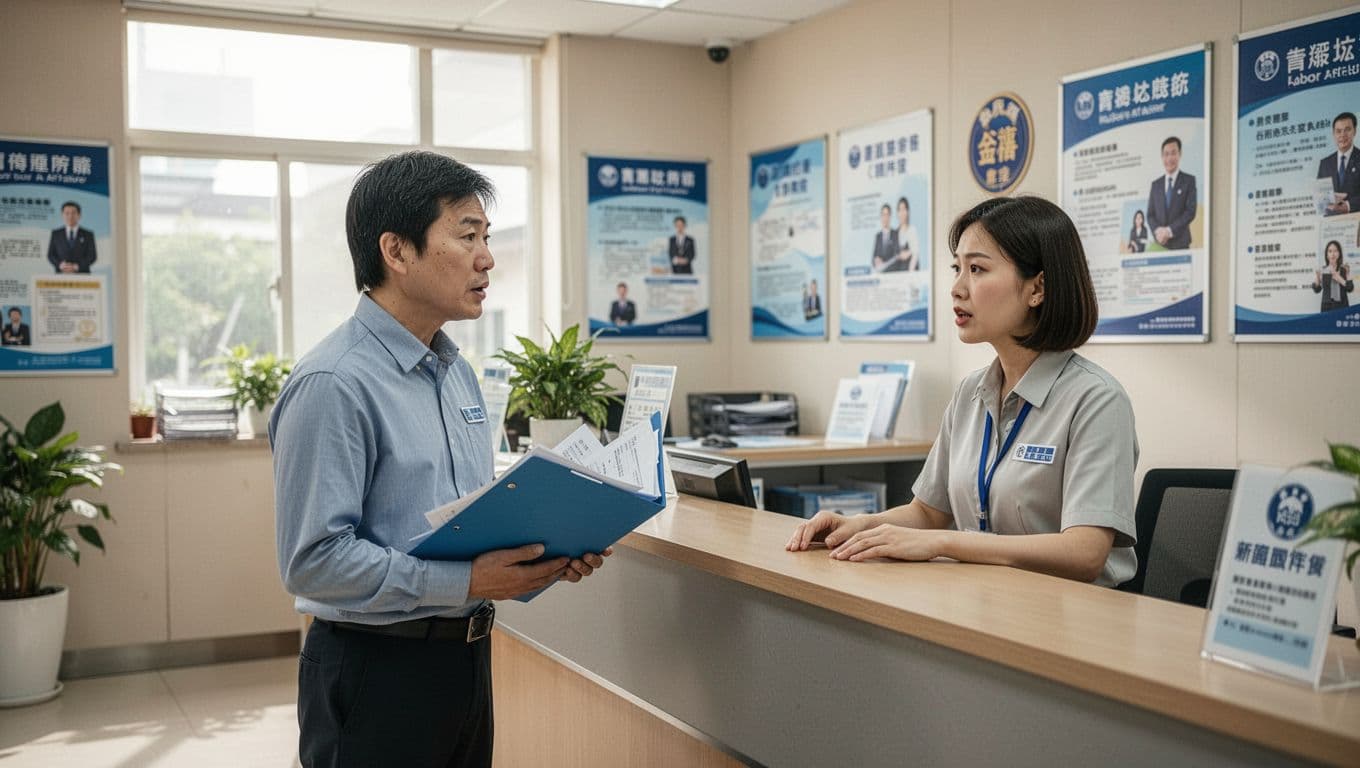 A concerned Taiwanese worker enters a local labor affairs office reception, holding a folder of documents and speaking politely to a staff member behind the counter in a clean government office with posters and natural daylight.