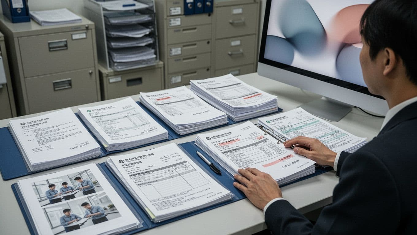 Realistic depiction of a Taiwanese person's hands at an office desk organizing labor insurance documents such as contracts, invoices, bank records, and tax forms in folders. Professional documentary style with soft lighting, blurred computer screen, and filing cabinet background.