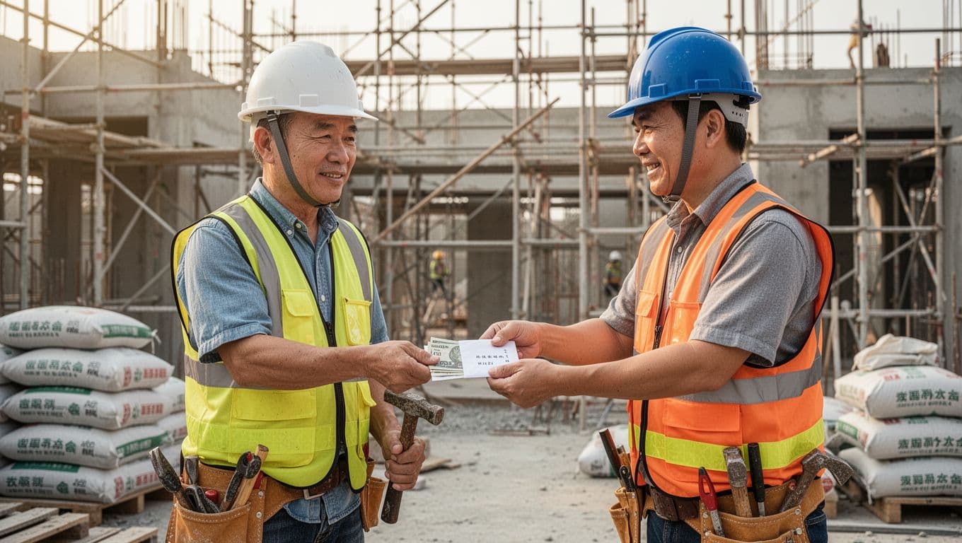A middle-aged Taiwanese day laborer in safety helmet and vest receives a cash envelope from the foreman at a construction site, with scaffolding and cement bags in the background. Natural daylight realistic style with warm tones and confident expressions, horizontal composition featuring only these two individuals.