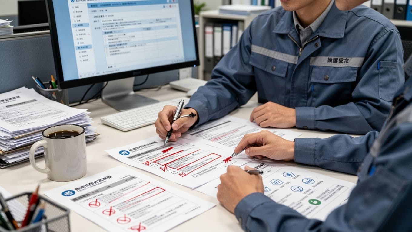 A thoughtful Taiwanese worker at an office desk reviews labor insurance documents, highlighting common errors like salary declaration mistakes and unit transfer issues with red marks on papers, checklist avoiding pitfalls, coffee mug nearby, professional setting with computer and files, soft office lighting, realistic style, cautious yet determined mood, exactly one person present, hands relaxed holding pen, no additional humans, no extra objects, minimal abstract icons on papers, no watermark.