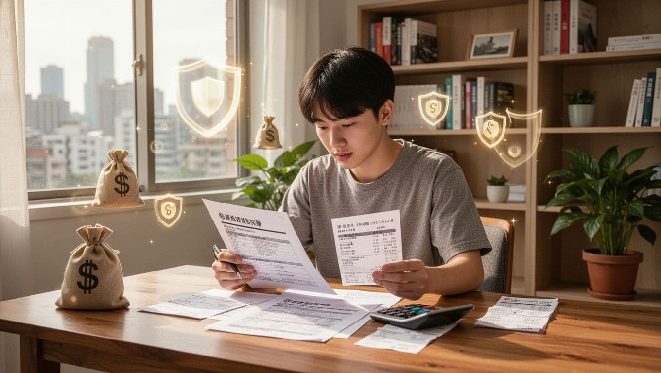 A realistic landscape in a bright Taiwanese home office features one young worker in casual clothes at a wooden desk, reviewing printed labor insurance benefits and salary slips with a calculator nearby, surrounded by subtle floating money bag and shield icons. Warm natural daylight from a city-view window illuminates bookshelves and a potted plant, creating a professional and reassuring mood.