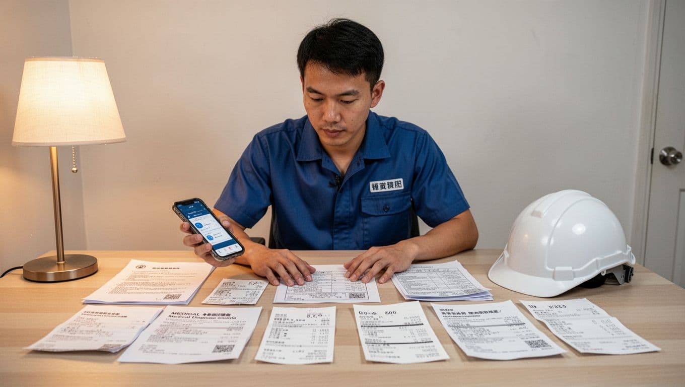 A focused Taiwanese temporary worker at a home desk organizes job-related documents including medical diagnosis papers, receipts, pay slips, and witness notes, scanning them with a phone app. Safety helmet rests on the table in a clean, simply furnished room lit by warm lamp light.