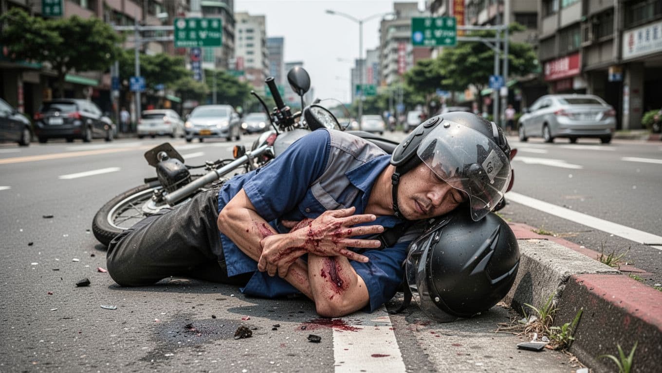 A Taiwanese temporary worker wearing a helmet lies on the roadside with minor injuries after a scooter accident during his commute, protecting his body with his hand. Urban street background features light traffic, road signs, natural daylight, realistic style, serious atmosphere, horizontal composition.