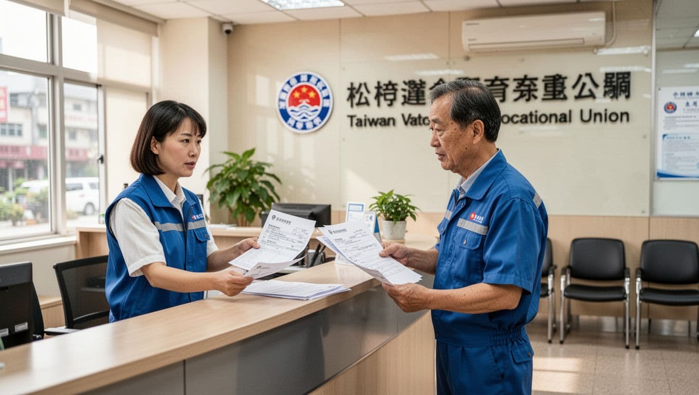 工會退保後勞保空窗怎麼補?4種可行選項完整整理 Realistic scene of a middle-aged Taiwanese worker approaching the counter in a bright vocational union office in Taiwan to submit documents held naturally in both hands, with one staff member behind the counter and an empty waiting area in the background.