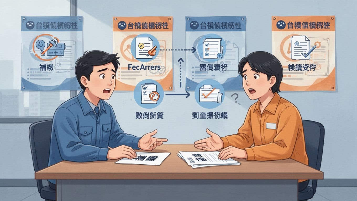 工會加保年資被取消,還能救回來嗎?一般處理方向 Vector illustration of a Taiwanese worker and union staff member across a desk in an office, discussing supplementary payment options amid icons for fee arrears, missing documents, and reapplication, with hesitant expressions and labor insurance posters.