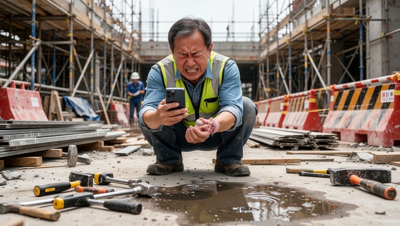 A middle-aged Taiwanese temporary construction worker grimaces in pain from a wrist injury while carefully photographing the accident site with his phone using his good hand. Foreground features scattered tools and a slippery hazard, with a busy worksite including scaffolding and safety barriers in the background under natural daylight.