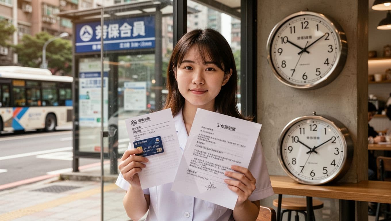 看護照服勞保投保指南:常見情境與步驟全整理 A young Taiwanese woman working as a part-time caregiver rests outside a coffee shop, naturally holding her labor insurance union membership card and work contract documents, with a clock showing part-time hours nearby. The background features an urban street and bus stop under soft daylight, in a relaxed professional atmosphere with realistic photography style.