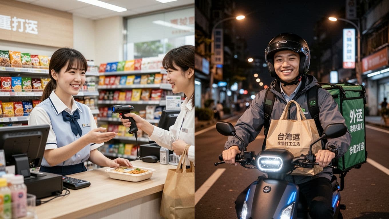 Split-image of a young Taiwanese person juggling multiple jobs: daytime convenience store cashier smiling with scanner, and nighttime food delivery on electric scooter under streetlights. Vibrant realistic style with balanced composition and natural lighting.