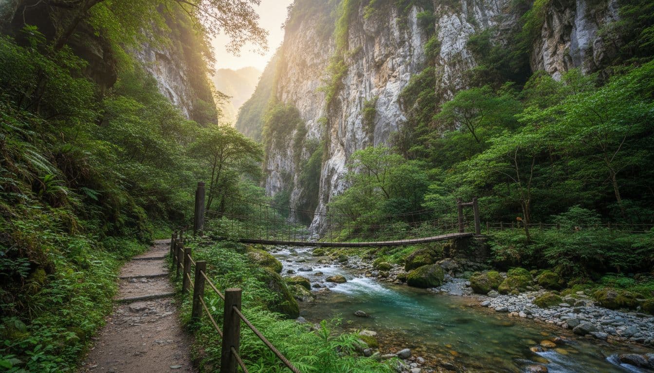 太魯閣國家公園的輕鬆步道景觀,木製吊橋橫跨清澈溪流,背景峽谷壁聳立,沿途綠葉環繞,晨光柔和照亮場景,岩石與水面紋理細膩。圖片由AI生成。