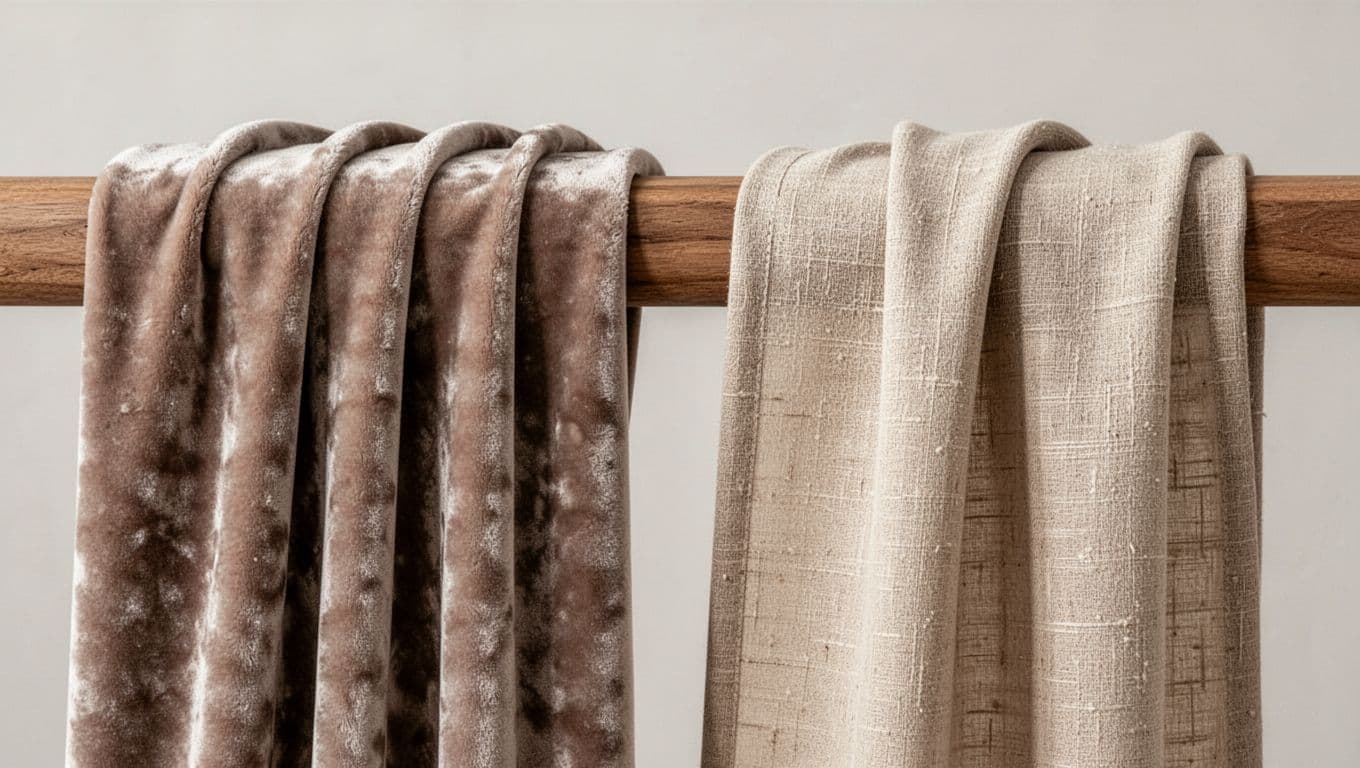 訂製窗簾高級感滿分:預算分配黃金比例 Close-up comparison of thick plush taupe velvet and natural warm beige linen curtain fabrics draped over a wooden edge, highlighting rich textures, pile, weave, and drape under soft lighting.