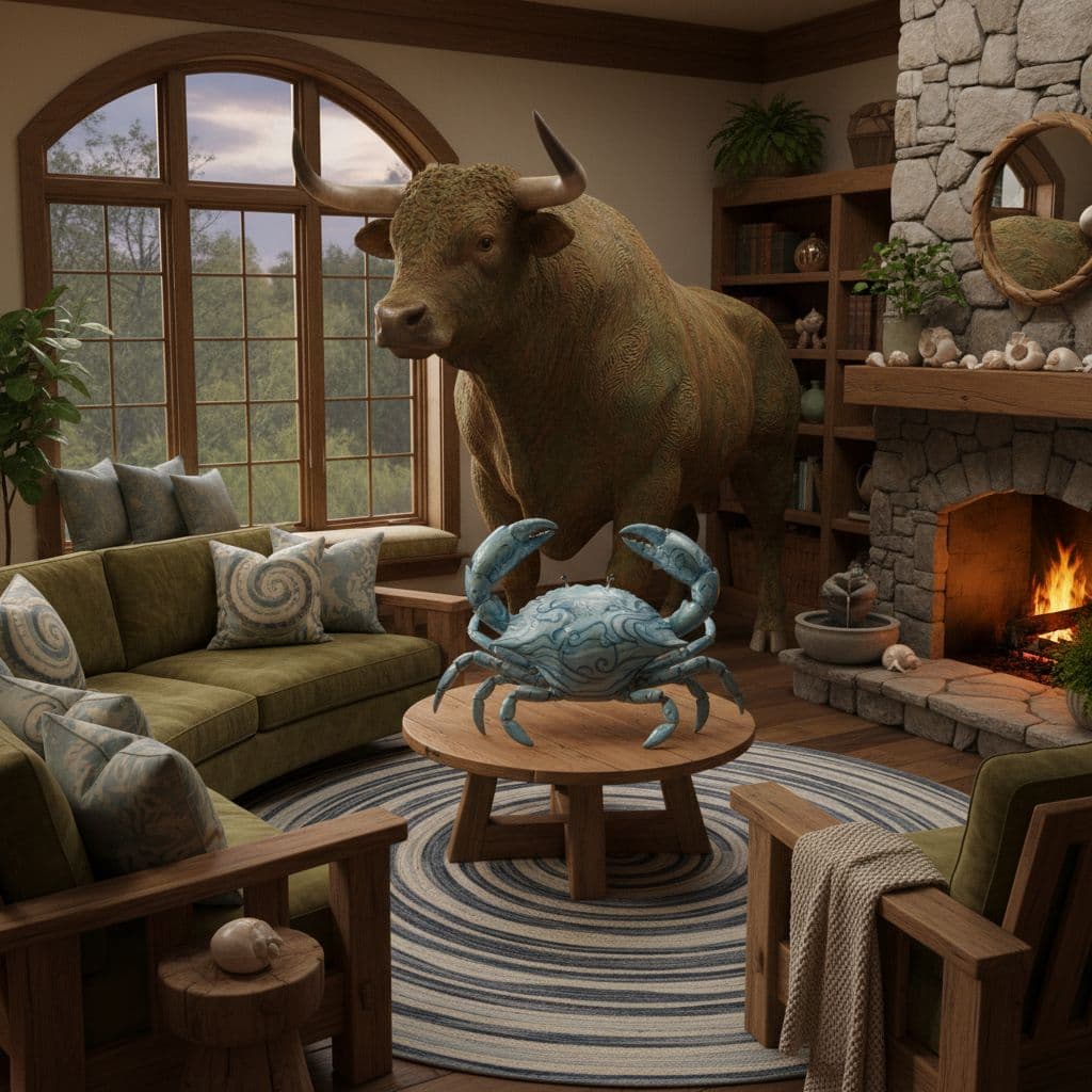 A cozy home interior with warm lighting, a sturdy bull symbolizing Taurus standing protectively near a window, and a crab representing Cancer adding gentle touches like seashells and flowing water motifs on the furniture. The scene evokes harmony, stability, and emotional support in a relationship, using earthy green and brown tones mixed with soft blues and whites. Realistic style with a serene mood, detailed textures on wood and fabrics, no text or watermarks.