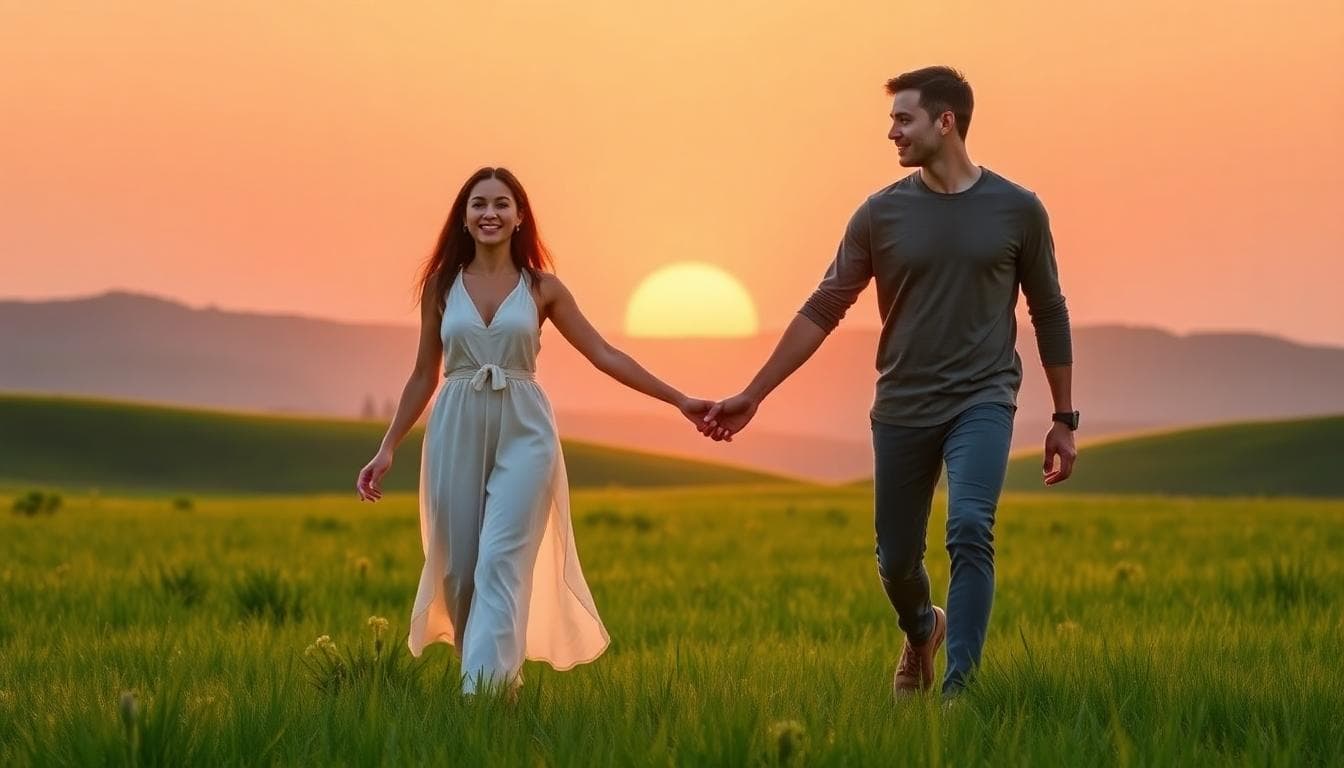 金牛座與摩羯座在夕陽下的穩定步伐,象徵土象星座天生的默契與長期承諾。Image generated by AI.