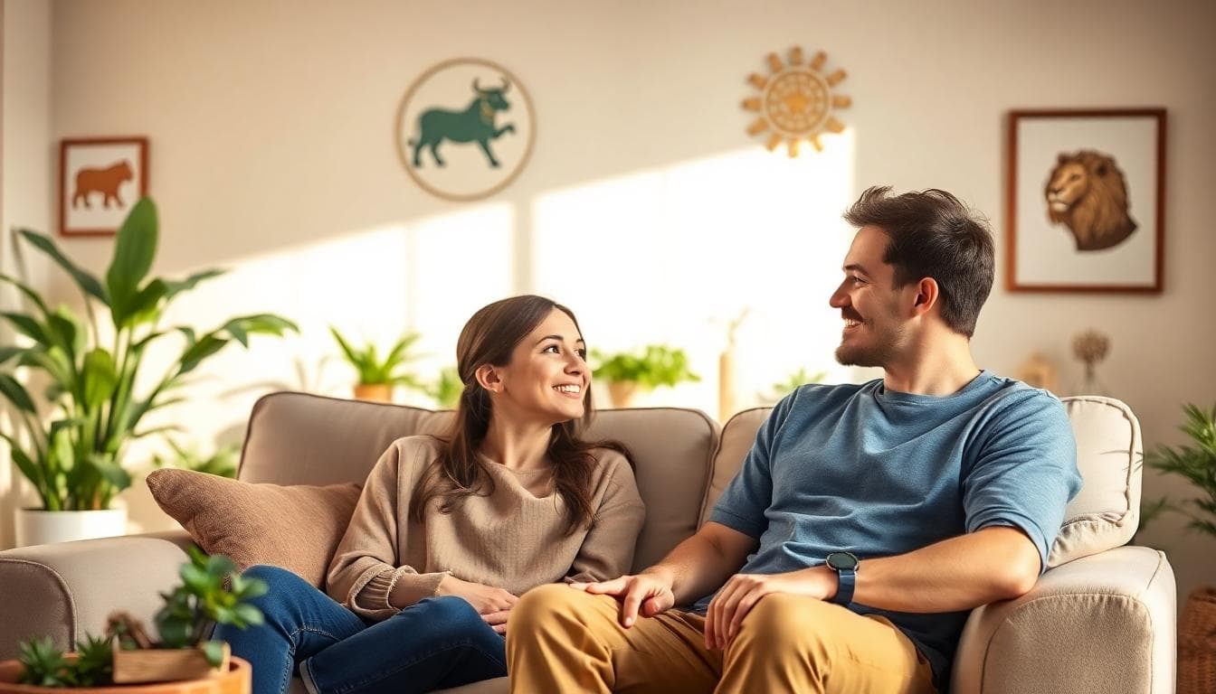 A warm and intimate scene of Taurus and Leo building trust and communication, AI generated