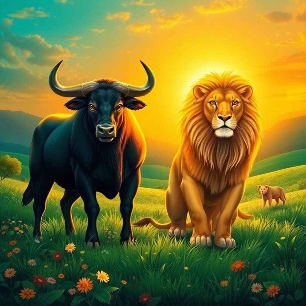 A harmonious scene of a Taurus bull and a Leo lion standing side by side in a beautiful landscape, the bull providing a stable base on lush green earth with flowers, the lion radiating warm sunlight and golden rays, symbolizing the balance between earth and fire elements in zodiac compatibility, vibrant colors blending green and orange tones, serene yet passionate mood, detailed and realistic style with soft lighting, foreground focuses on the animals, background shows a sunset sky. No text or watermarks.