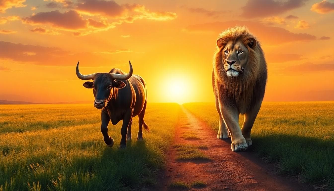 A visionary scene of a Taurus bull and a Leo lion walking together towards a bright horizon at sunset, symbolizing their future compatibility in zodiac pairing, with the bull on stable ground and the lion leading with confidence, lush green fields transitioning to golden paths, warm and optimistic mood, detailed realistic style, vibrant colors of earth tones and fiery oranges, no text or watermarks.