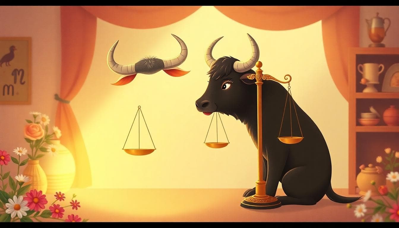 A romantic scene showing a sturdy bull representing Taurus and a balanced scale representing Libra intertwined in harmony, with soft lighting, flowers, and a cozy setting in the background. The style is whimsical and illustrative, like a zodiac illustration, with warm colors and a peaceful mood.