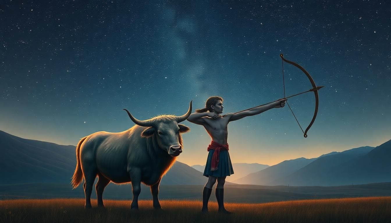Aromantic scene of Taurus and Sagittarius embracing harmony under a twilight sky, symbolizing stability meeting freedom. Image generated by AI