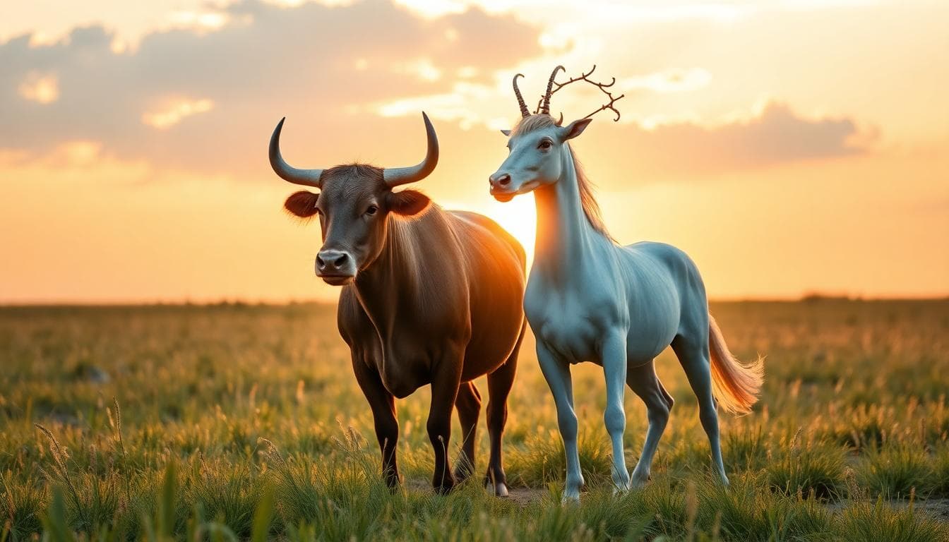 A harmonious scene of a Taurus bull and a Sagittarius centaur standing side by side in a peaceful meadow at sunset, symbolizing emotional complementarity between stability and freedom. Image generated by AI
