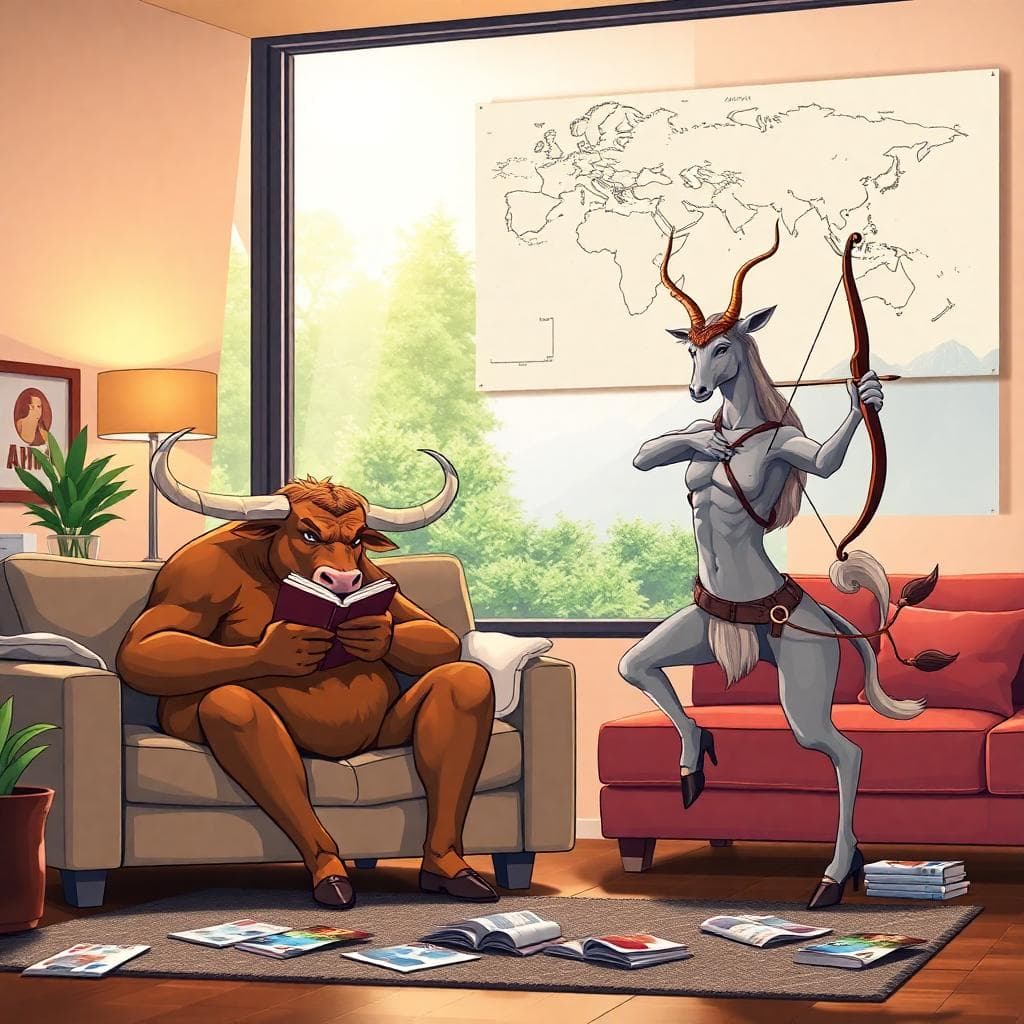 生活節奏對比場景:金牛坐在沙發閱讀,射手在窗邊規劃行程,顯示不同節奏在同一空間的動態