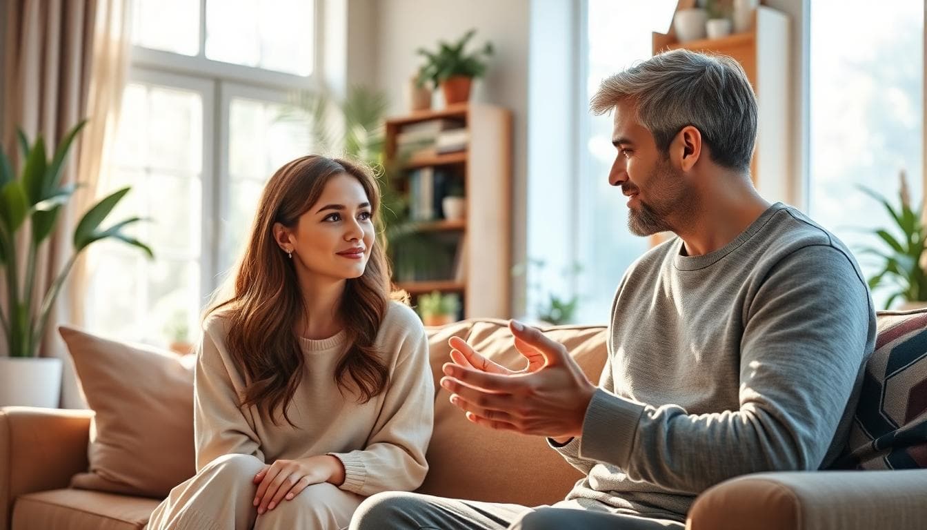 A Taurus and Virgo couple planning daily schedule in a cozy living room, AI-generated image