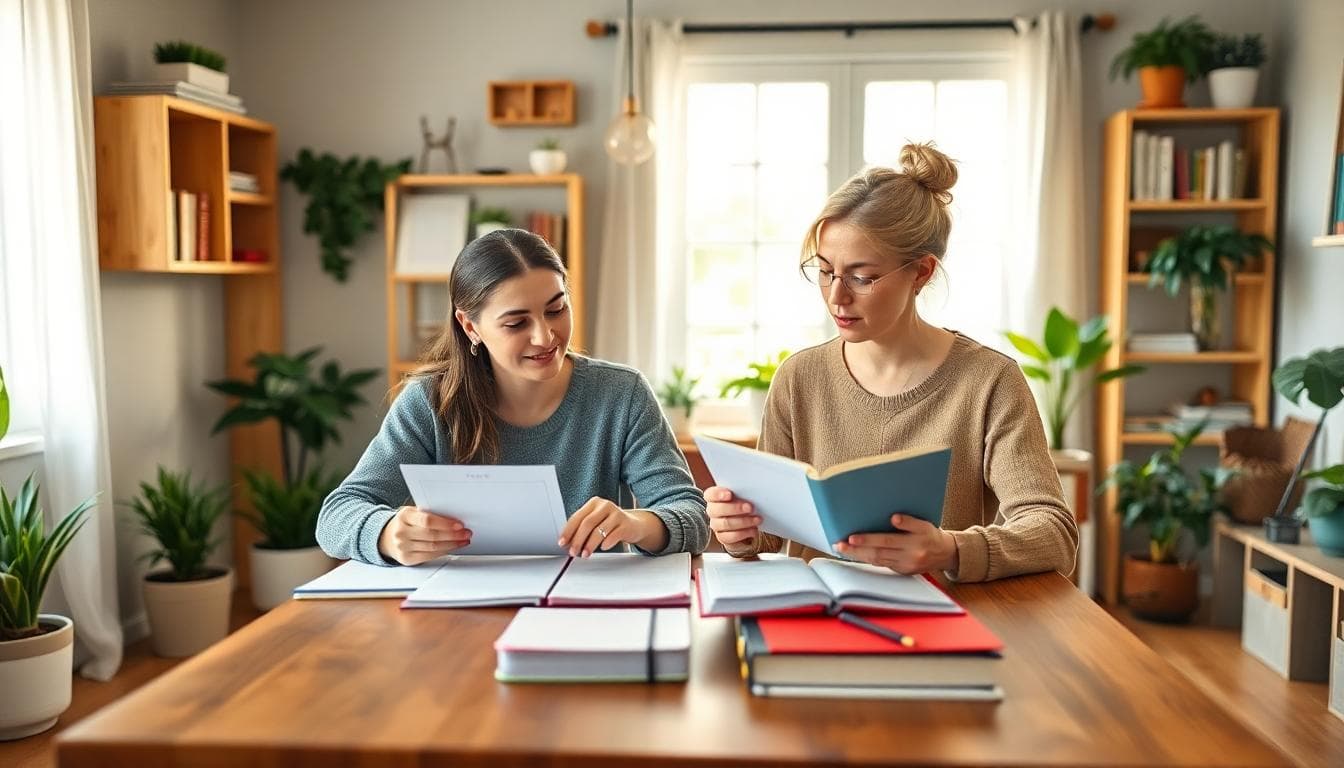A Taurus and Virgo couple planning daily schedule in a cozy home office, AI-generated image