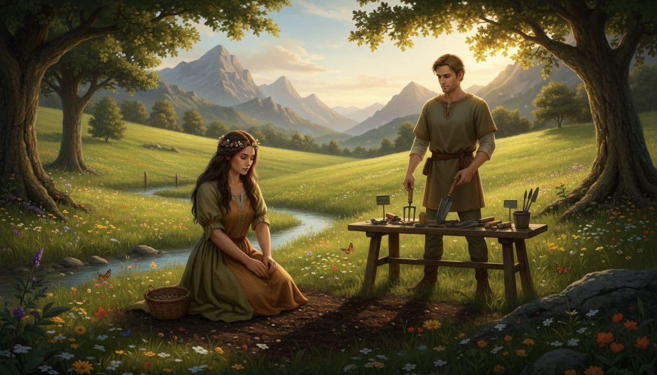 兩位和諧人物代表金牛座與處女座,站在綠意盎然的田野中,一人穩穩種植種子,另一人精準整理工具,背景有山脈與陽光灑落的樹木,象徵穩定與實際,溫暖土色調,寫實風格,寧靜氛圍。