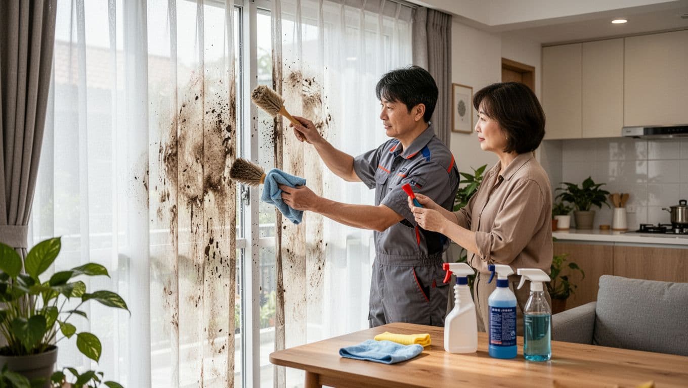 訂製窗簾報價很便宜,可能少了哪些項目 In a bright Taiwanese home interior, a service technician in uniform helps a homeowner gently clean soiled curtains on a large window using a soft brush and cloth, with cleaning supplies nearby and a modern kitchen background.