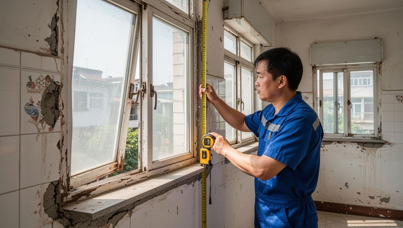 訂製窗簾丈量含不含?合約要寫清楚哪些條款 A lone technician uses a level and tape measure to check an irregular, crooked window frame in a cozy yet worn old house, noting protruding sills, potentially hollow tiled walls, sealed curtain boxes, and multiple aligned high floor-to-ceiling windows from ceiling to floor.